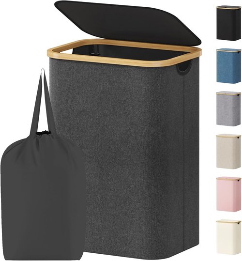 Lifewit 80L Laundry Basket - Foldable Hamper with Lid & Bamboo Handles | Dark Gray, Removable Bag