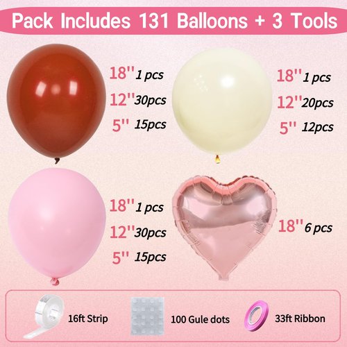 131Pcs Burgundy Red and Pink Valentines Balloons Arch Kit with Ivory & Rose Gold Heart Shaped Foil Balloons - Birthday, Proposal, Valentine's Day Decorations, Mother's Day, Wedding, Party Backdrop
