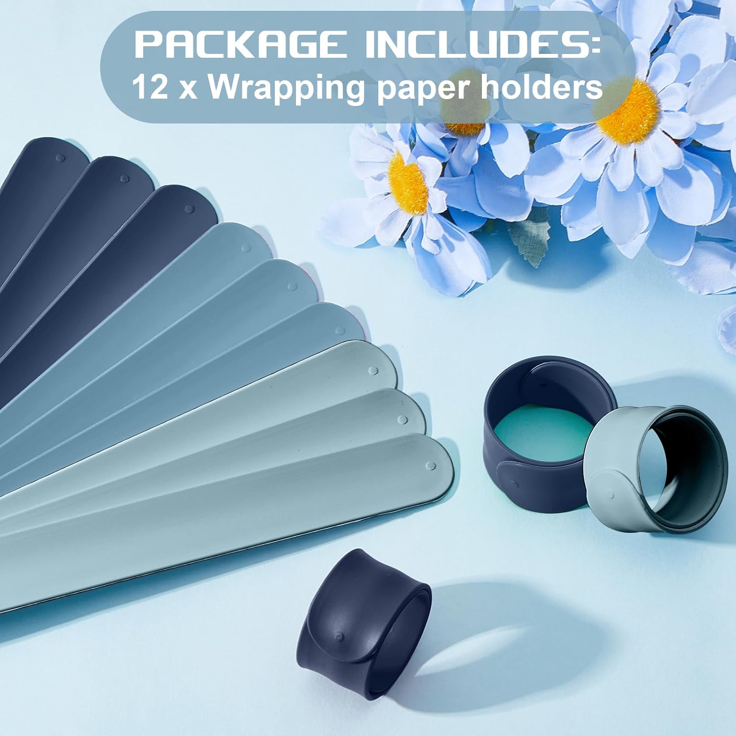 Charniol Wrapping Paper Roll Holder - 12-Piece Silicone Covered Metal Strips | 1 x 9 Inch Stabilizer in Blue