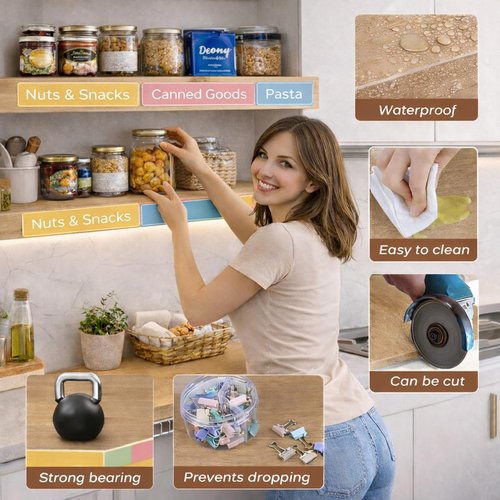 5 PCS Wire Rack Covers 24×12 in, Wood Grain PVC Shelf Covers with LED Motion Light &Labels, Renter Friendly, Easy-Cut Moisture-Resistant No-Tool, No-Drill Install for Pantry, Laundry, Kitchen, Garage