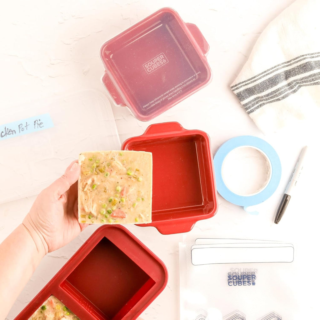 Souper Cubes Stoneware Baking Dishes - Premium 5" x 5" Mini Ceramic Set of 2 with Silicone Covers - Cranberry