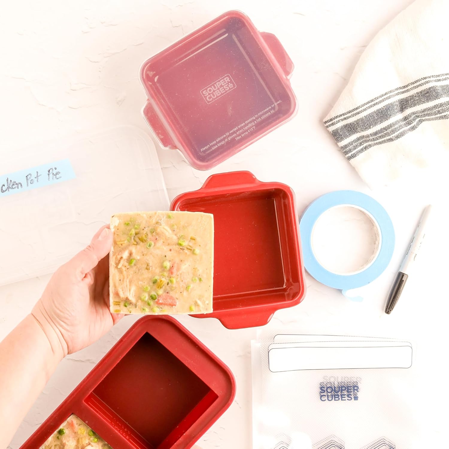 Souper Cubes Stoneware Baking Dishes - Premium 5" x 5" Mini Ceramic Set of 2 with Silicone Covers - Cranberry