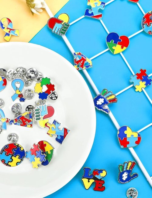 JUNEBRUSHS 28pcs Autism Awareness Brooch Pins - Colorful Puzzle Pieces for Inspirational Gifts