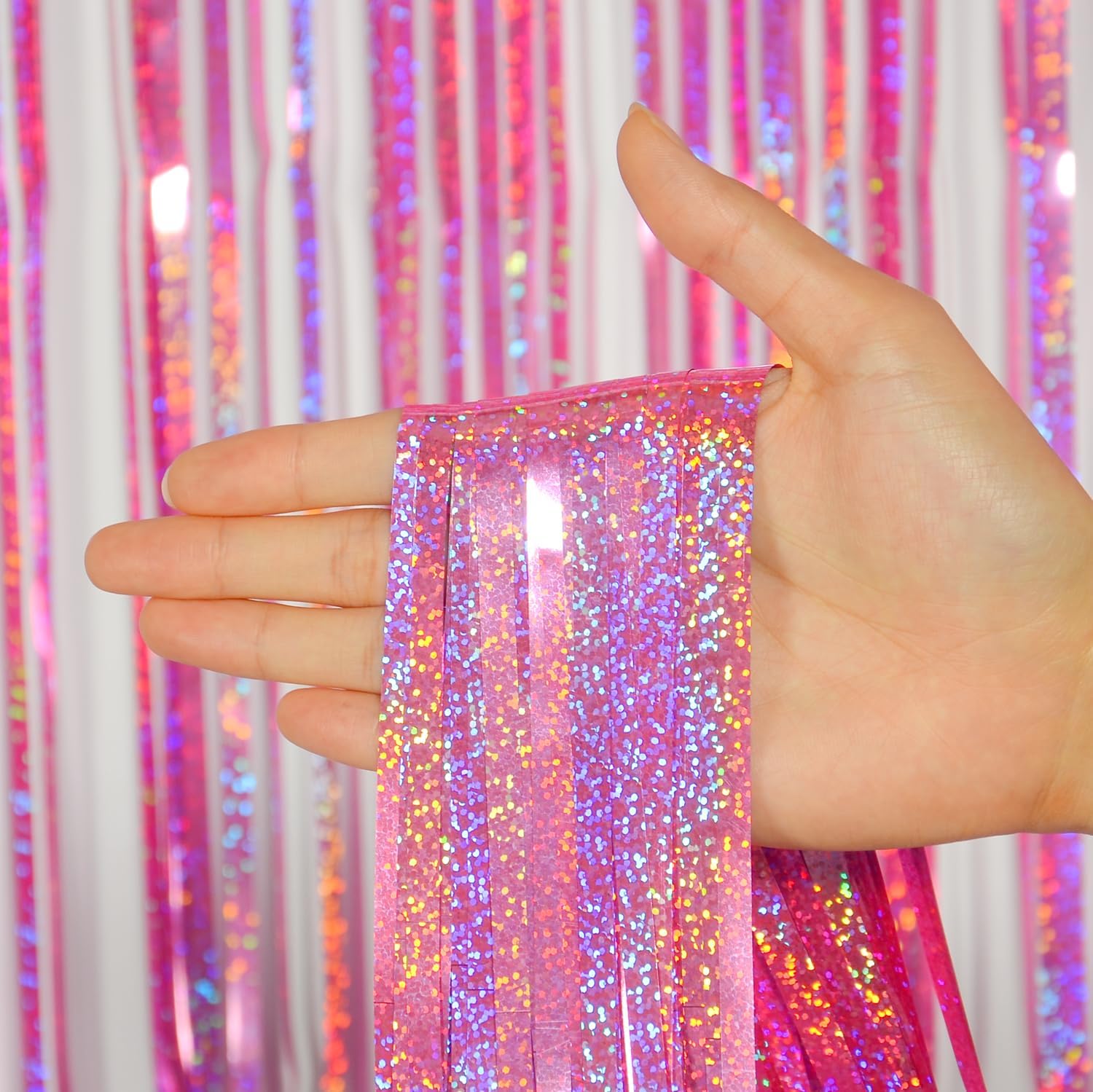 Melsan Pink Tinsel Curtains - Sparkling Metallic Foil Backdrop for Princess Birthday Parties | 3.2 ft x 8.2 ft, 2 Pack