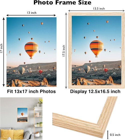 JCJMY 13x17 Picture Frame - Versatile Wall Mounting for Horizontal or Vertical Display | Shatter-Resistant Plexiglass, Natural Finish