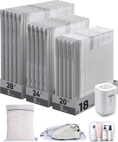 BAGSMART Vacuum Bags - Portable Space Saver with Rechargeable Air Pump | 18-Pack Gray for Travel & Home