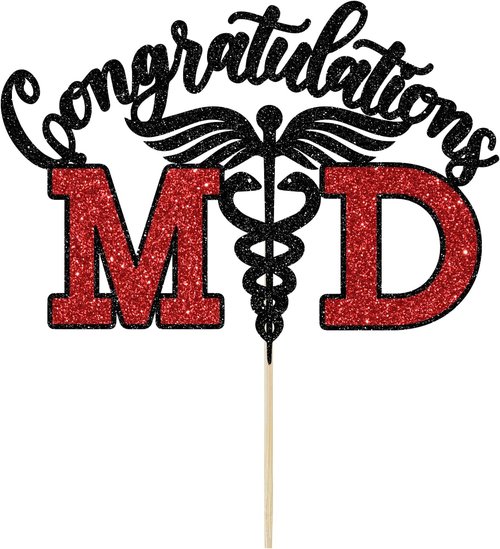 Congratulations MD Cake Topper - Black & Red Glitter Graduation Decoration for Medical School