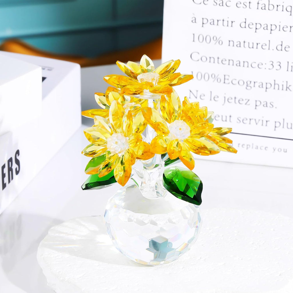 YWHL Handmade Yellow Crystal Flower Figurine - Elegant Glass Decoration Gift for Women | Perfect for Christmas, Valentine's Day, Weddings