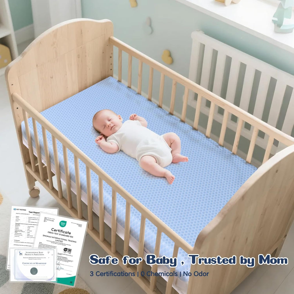 Skiennix Crib Mattress - Dual-Sided Memory Foam for Baby & Toddler | Soft, Breathable, 52" x 27.6" x 5.5", Machine Washable Cover, White & Blue