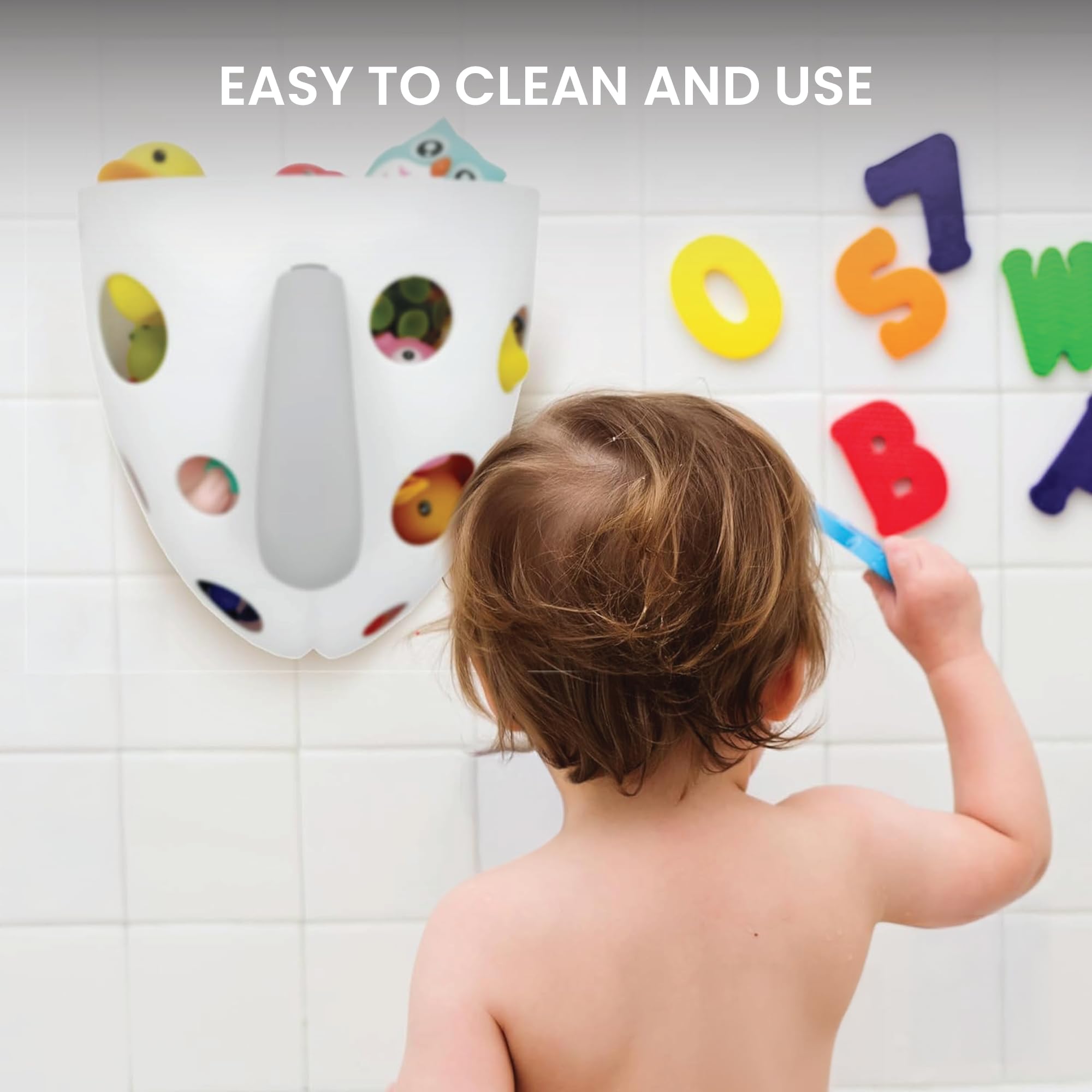 Lulyboo Baby Bath Toy Holder with No-Slip Suction Cups, BPA-Free Drainage Bin, Easy Clean Wall Organizer, White & Grey, Keeps Bathroom Clutter-Free & Safe for Kids