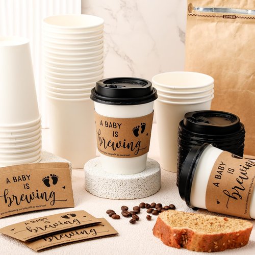 Jingmore 50 Sets Baby Shower Coffee Party Favors for Guests A Babys is Brewing Coffee Cup with Lids Sleeves Disposable Paper Cup Tea Party Supplies for Hot Iced Juice or Tea (12 oz)
