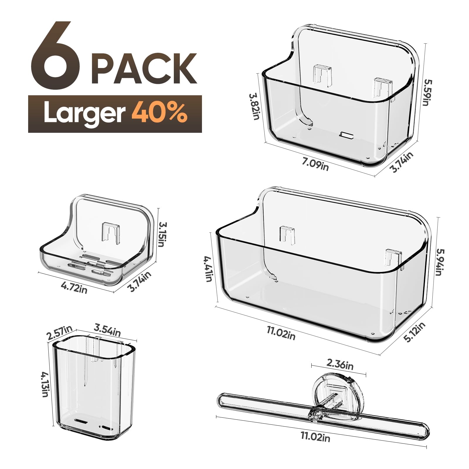 Plaitaoai Acrylic Shower Caddy,6 Pack Acrylic Rustproof Shower Organizer with Large Capacity,No Drilling Shelves for Bathroom Storage & Home Decor (Clear)