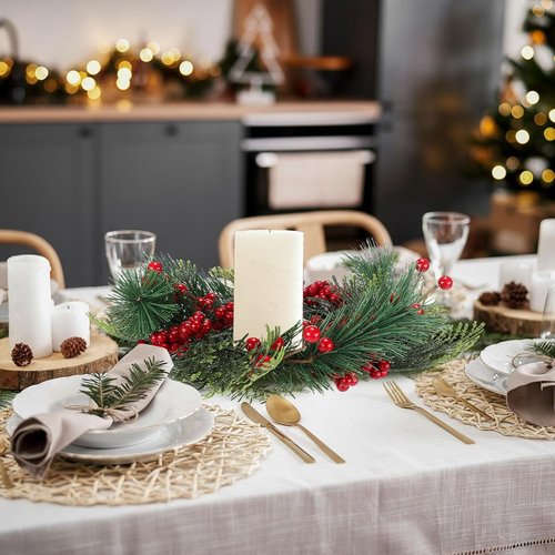Knitgrip Mini Christmas Candle Rings - Red Berry Pinecone Wreaths for Holiday Table Centerpieces