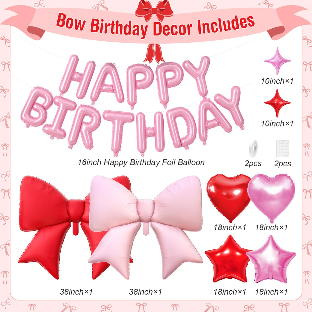 Red Pink Bow Birthday Decorations,38 Inch Helium Pink Red Bow Balloon Happy Birthday Balloons Banner Star Heart Foil Balloons for Women Men Party Supplies