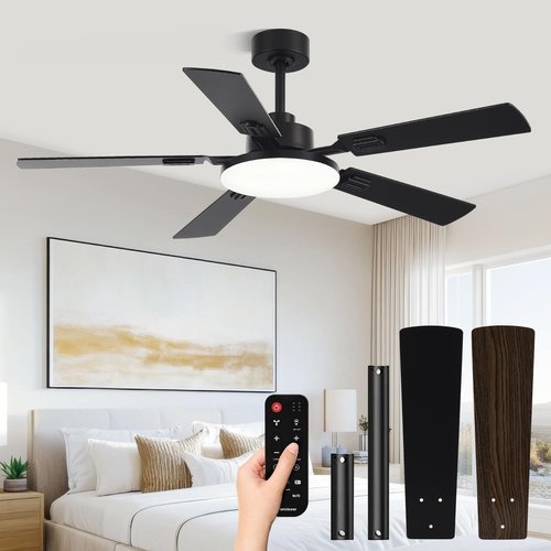 Conciseer 52 Inch Ceiling Fans with Lights and Remote for Bedroom Living Room Kitchen Office, Indoor/Outdoor Use, 5CCT Dimmable, 5 Blades, 6 Speed Reversible Quiet DC Motor, Black/Wood Grain