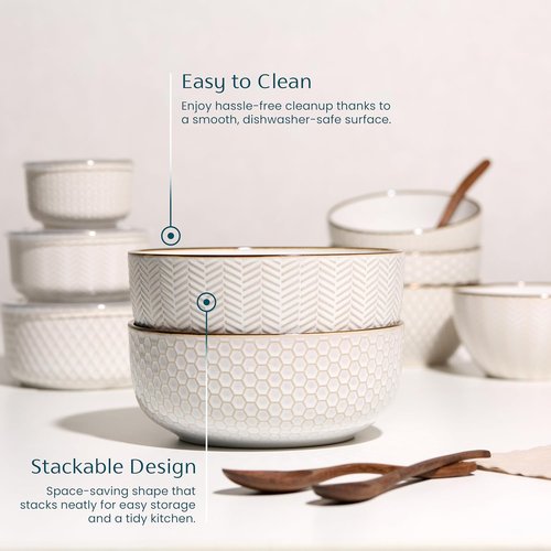 KooK Ceramic Salad Bowls - Embossed Large Serving Bowls | Microwave & Dishwasher Safe, Cream with Dark Copper Accents, Set of 2, 60 oz