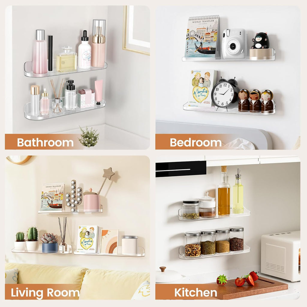 SpaceWhisper Floating Wall Shelves - 6-Pack 15" Clear Display Organizers for Bathroom, Bedroom & Living Room