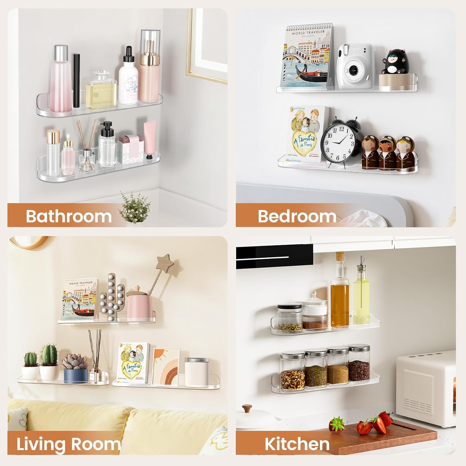 SpaceWhisper Floating Wall Shelves - 6-Pack 15" Clear Display Organizers for Bathroom, Bedroom & Living Room