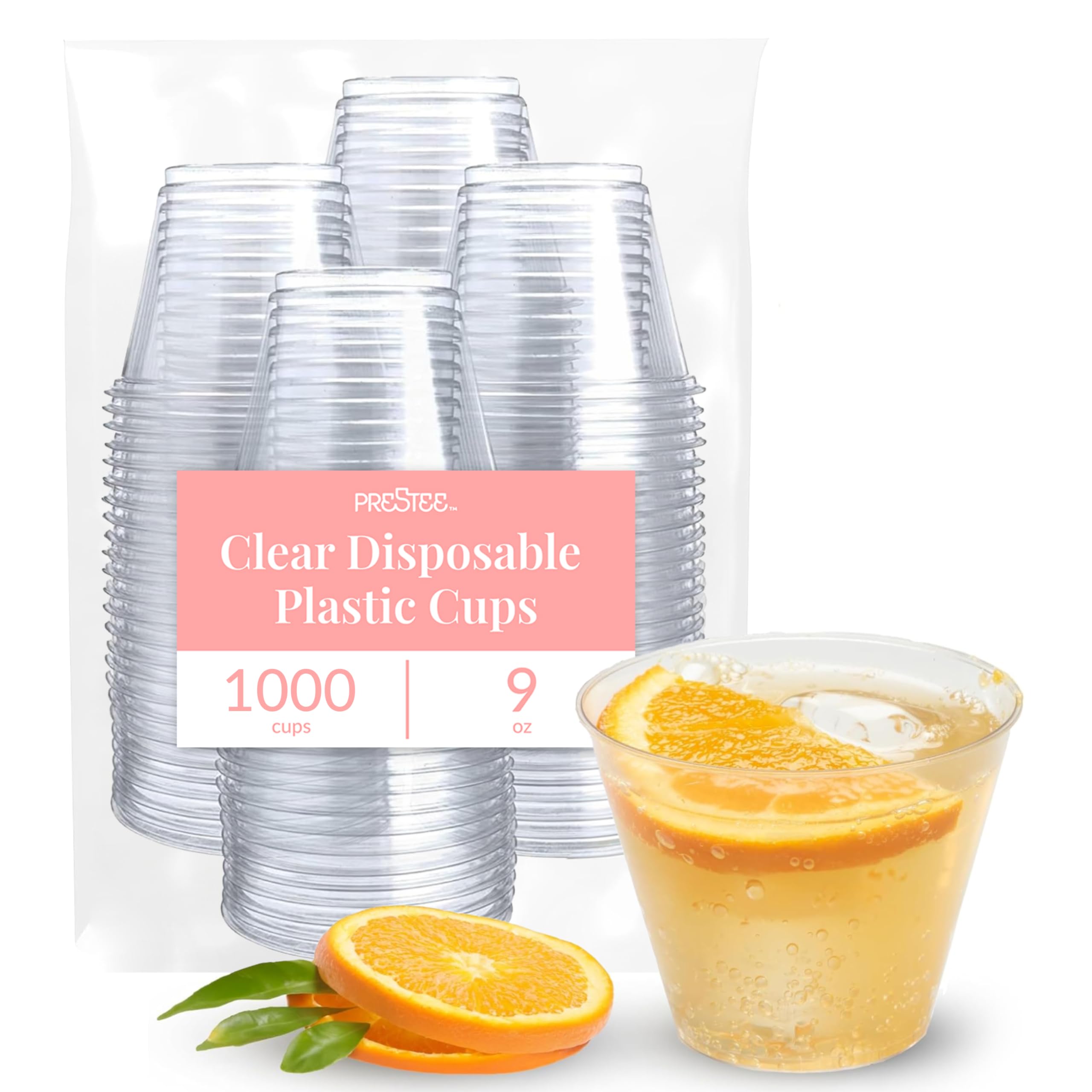 Prestee 1000 Clear Plastic Shot Glasses Disposable - Cocktails, Juice and Plastic Wine Glasses Disposable Party Cups for Adults- Indoor/Outdoor Events, Everyday Use - 9 oz Food-Grade Material