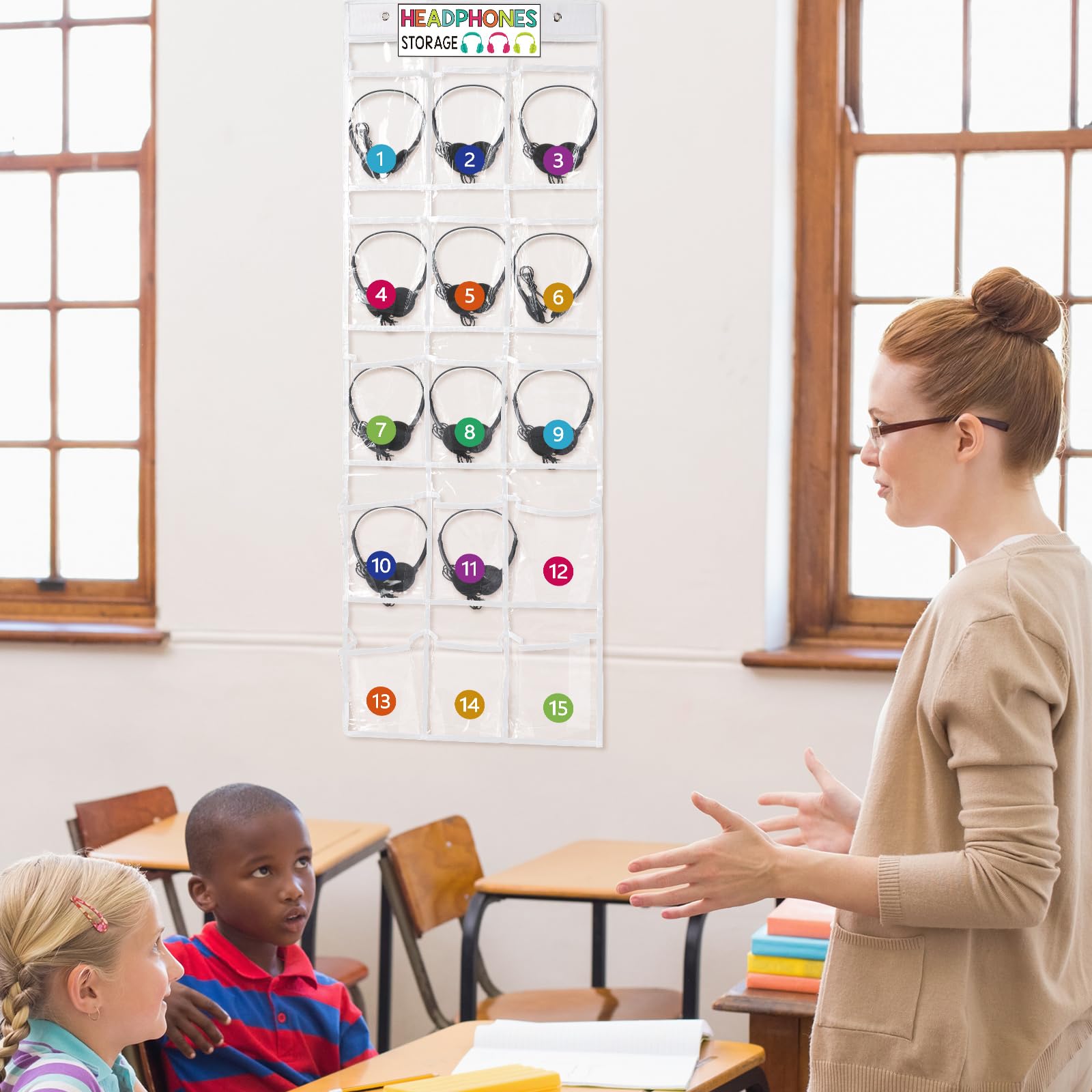 Vincreem 2 Pcs Over The Door Hanging Classroom Headphone Storage Organizer 30 PVC Clear Organizer Holder Pockets with 2 Pcs Headphone Storage Cards with Digital Stickers for Library Door Hanger
