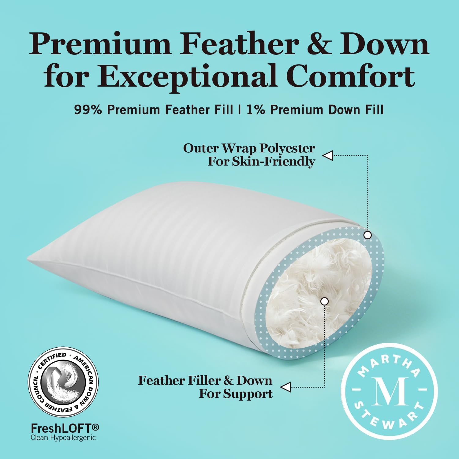 Martha Stewart Hotel Collection Pillow - 500 Thread Count Hypoallergenic Cotton | Queen Size Set of 2