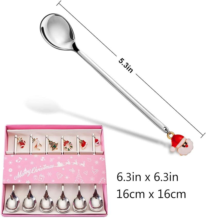 Christmas Spoons 6-Piece Stainless Steel Coffee Spoons with Xmas Pendant - Silver
