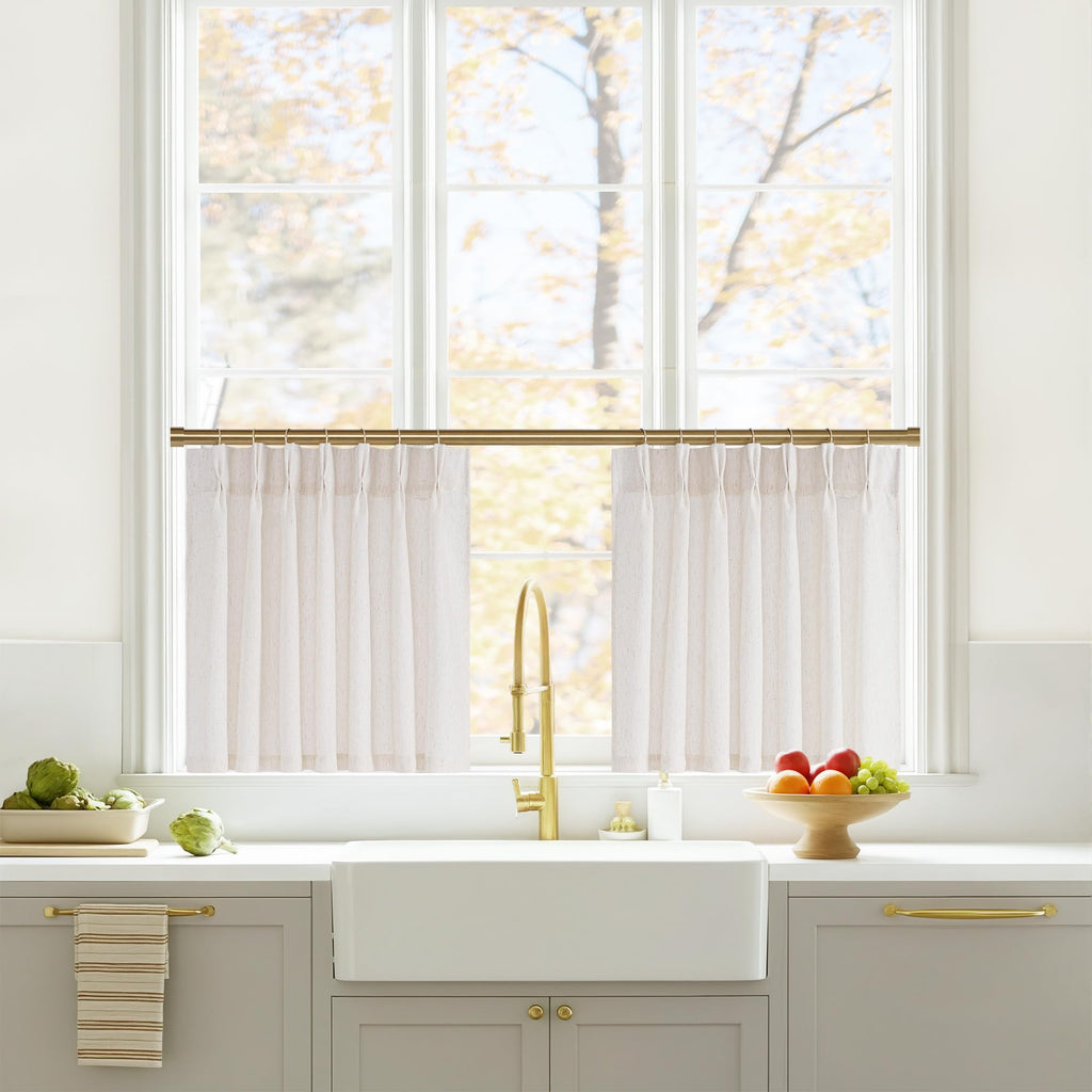 NICETOWN Pinch Pleated Linen Kitchen Curtains 24 Inches Long, 2 Panels Set Natural French Rustic Light Filtering Short Curtains for Cafe Bar Living Room Bedroom Window, 40" W x 24" L