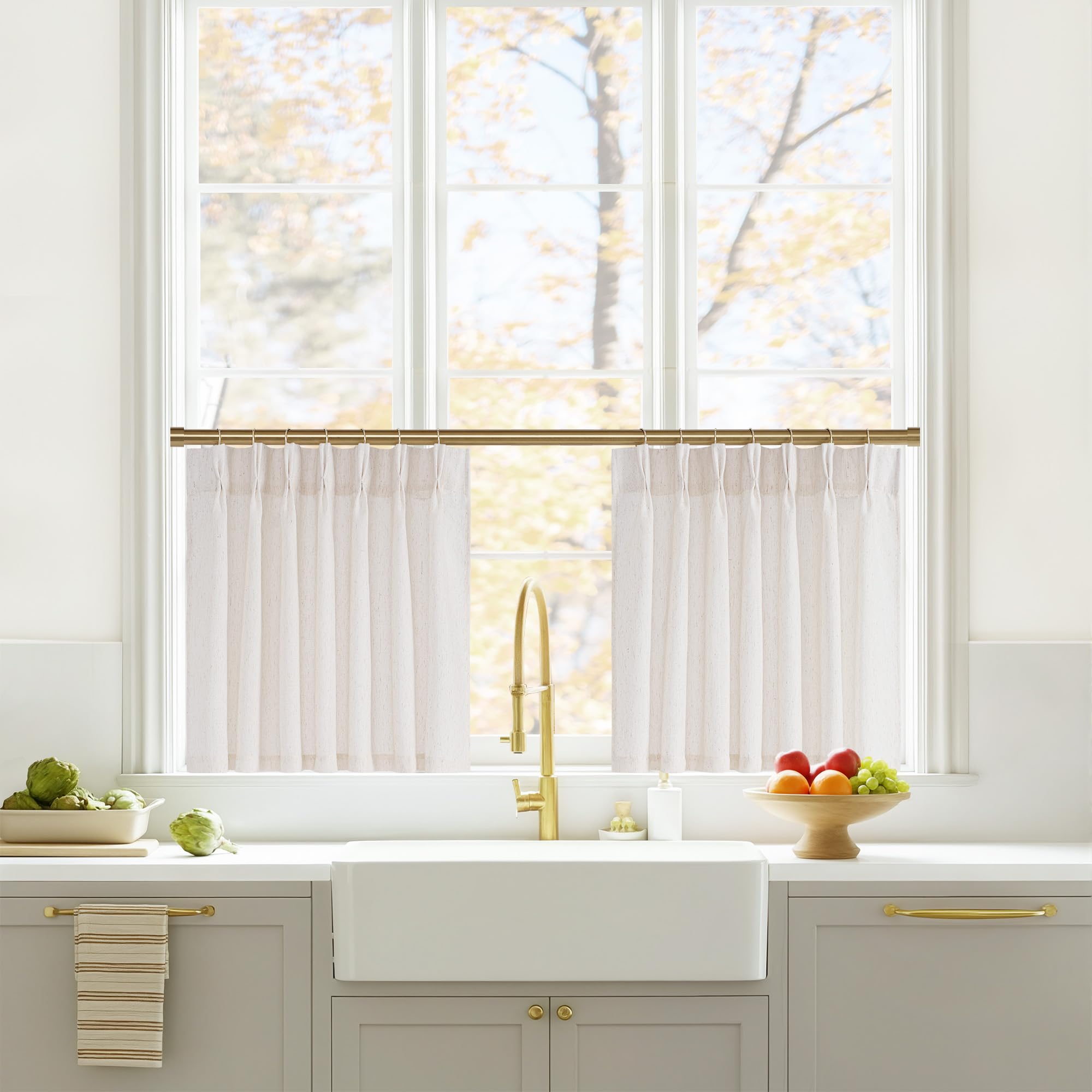 NICETOWN Pinch Pleated Linen Kitchen Curtains 24 Inches Long, 2 Panels Set Natural French Rustic Light Filtering Short Curtains for Cafe Bar Living Room Bedroom Window, 40" W x 24" L