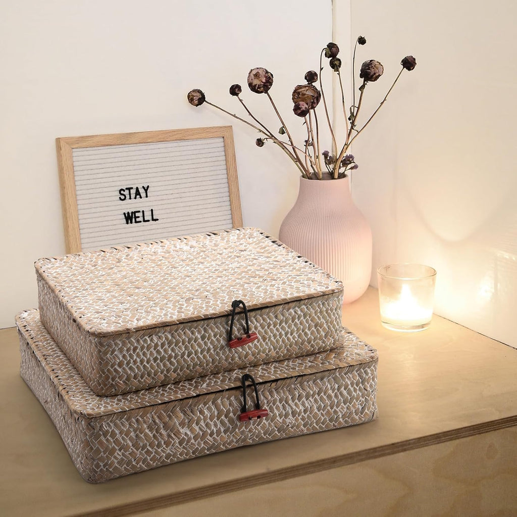 Seagrass Storage Baskets - Decorative Wicker Baskets with Lid for Organizing | Whitewash Finish