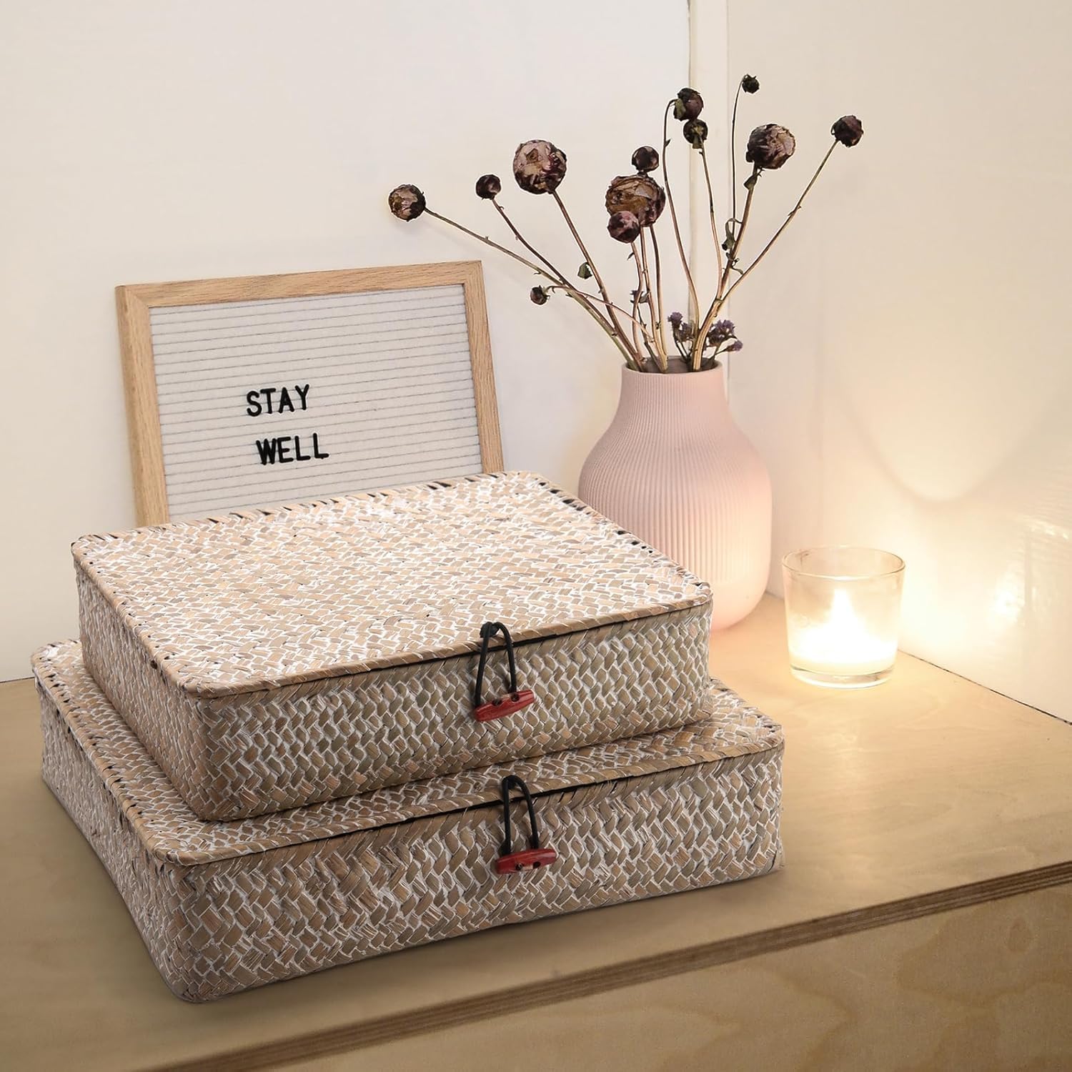 Seagrass Storage Baskets - Decorative Wicker Baskets with Lid for Organizing | Whitewash Finish