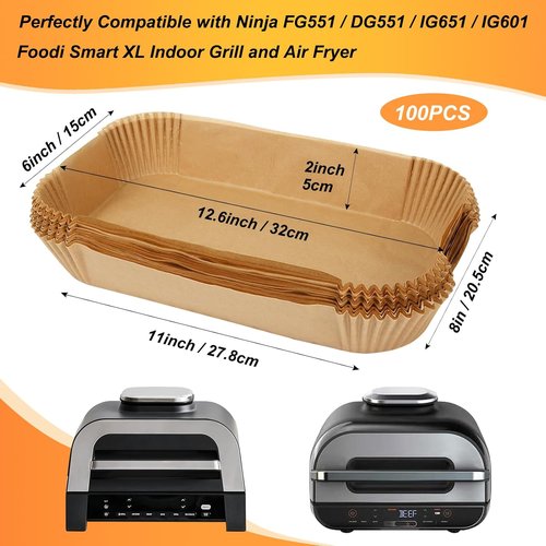 BYKITCHEN Air Fryer Liners - Set of 100 Rectangle Parchment Paper for Ninja Foodi XL Grill