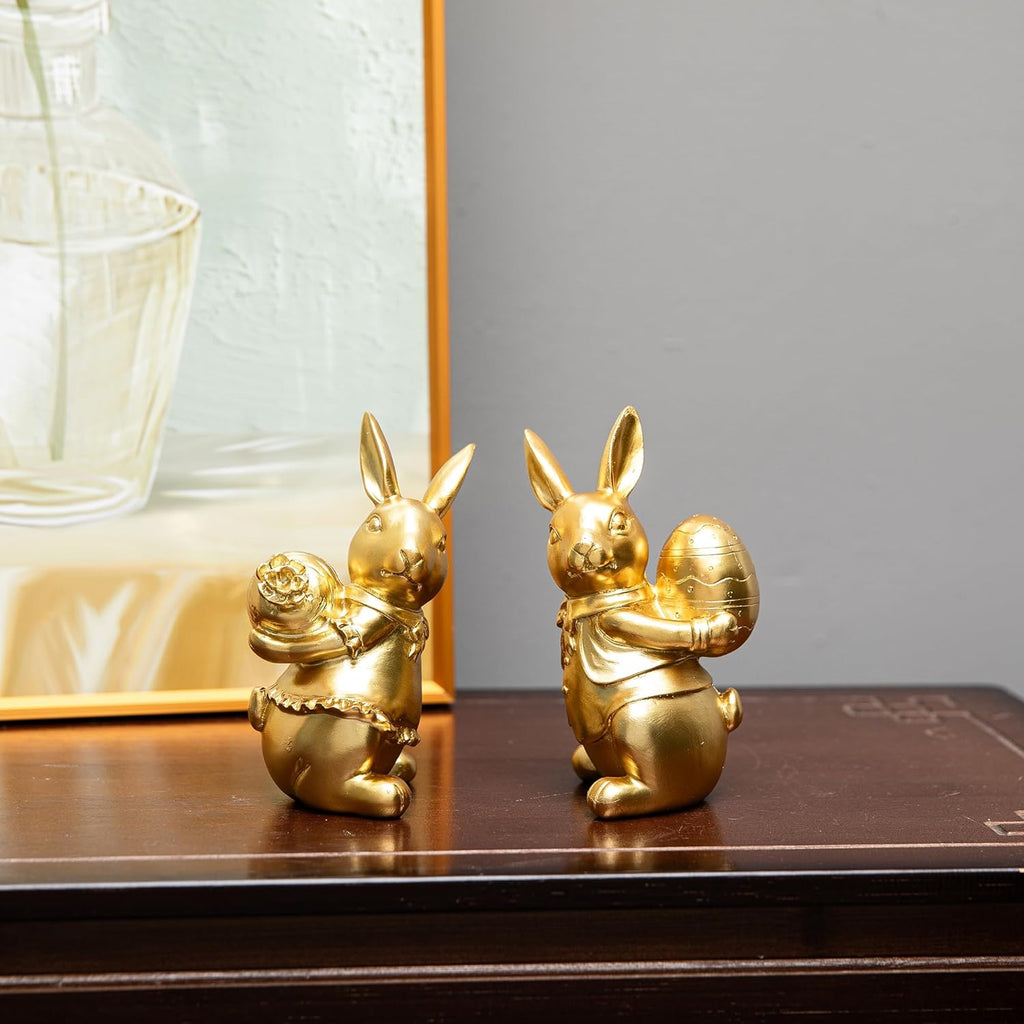 Steviieden Bunny Decor Set of 2 - Cute Gold Rabbit Figurines for Spring Easter Home Decorations
