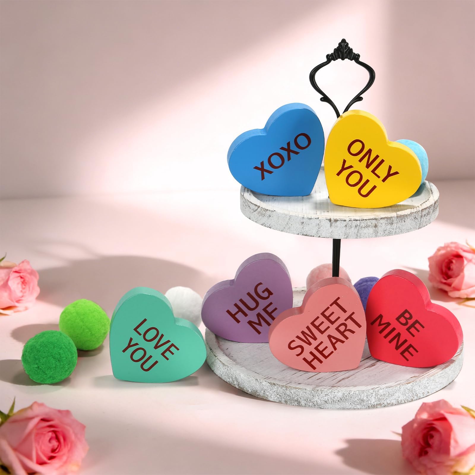 Valentines Day Decorations, 6 PCS Double-sided Wooden Valentine's Conversation Hearts for Tiered Tray Shelf Mantel Office Decor Freestanding Tabletop Wood Block Sweet Sayings for Home Decor Wedding