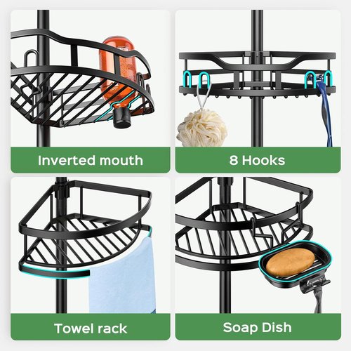 HAMITOR Shower Caddy - Rustproof Tension Pole Bathroom Organizer | 4-Tier Storage Rack, 47-121 Inch, Black