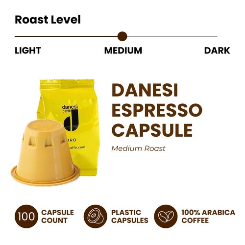 Danesi Caffe Italian Coffee Capsules - Medium Roast Espresso Coffee Pods for Home & Office Use - Premium Italian Oro Blend, 100-Count Pack