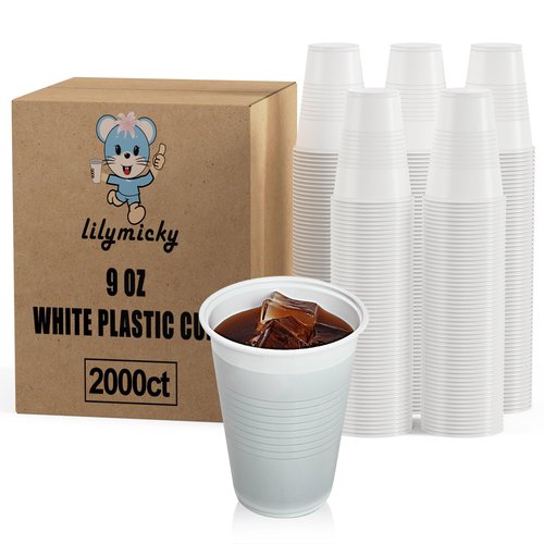 Lilymicky 2000 PACK 9 oz White Plastic Cups, 9 Ounce Disposable Drinking Cups for Birthday Parties, Picnics, Ceremonies