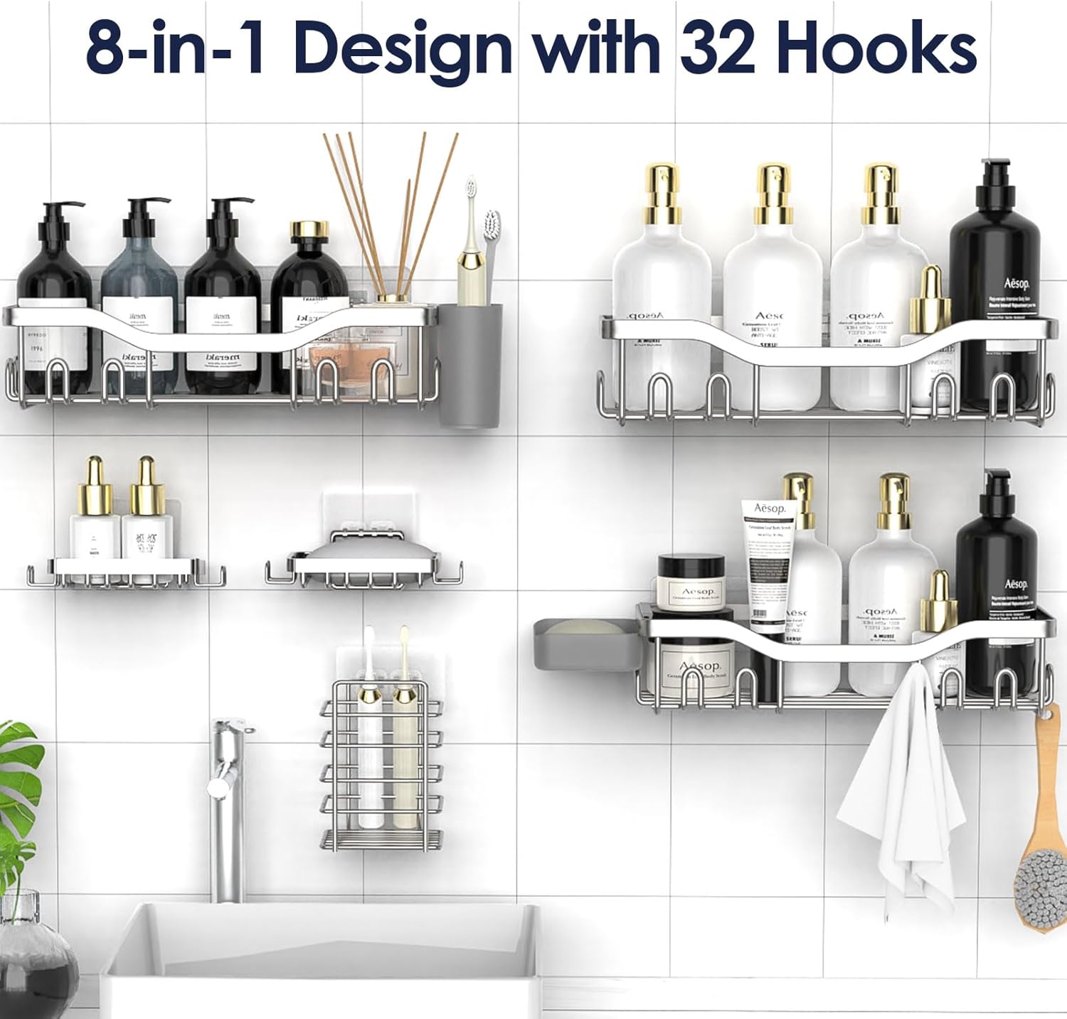 NESOMI Shower Caddy - Rustproof Stainless Steel Organizer with Large Capacity | 8-Pack No-Drill Storage Accessories
