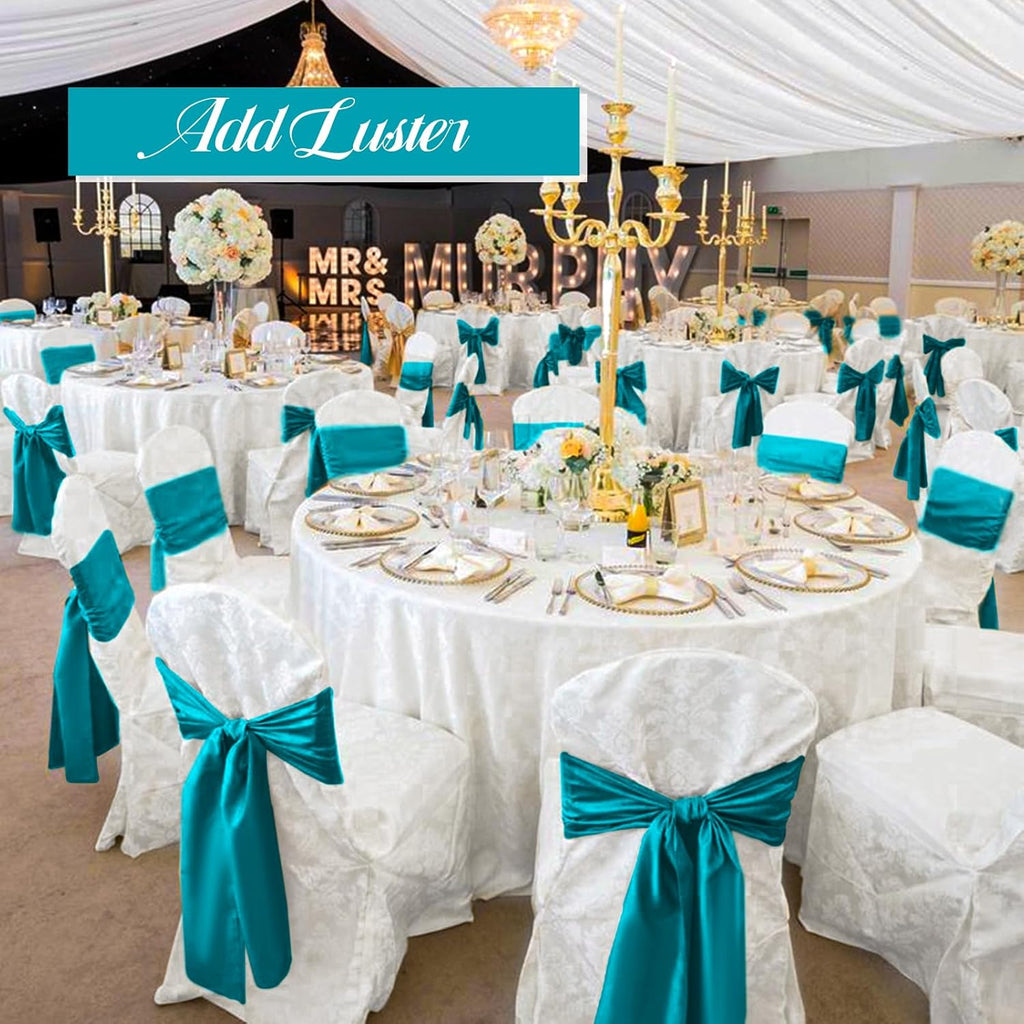 Skiennix 100 PCS Satin Chair Sashes - Turquoise Decorative Bow Ties for Weddings & Events | 7 x 108 Inch