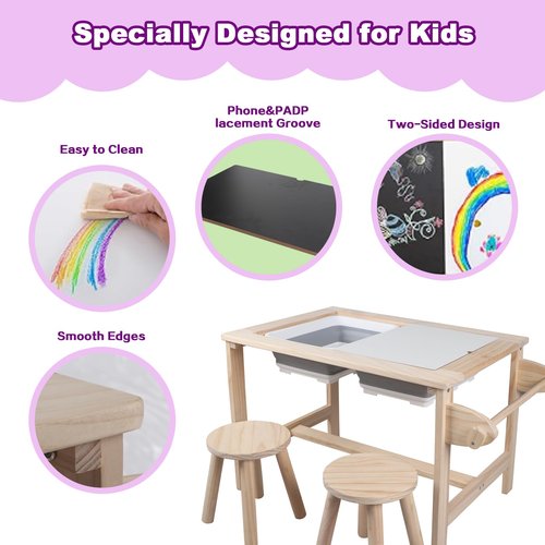 QEKMSY Kids Sensory Bins Table with 2 Stool, Multifunctional Children Interactive Activity Wooden Table Set for 1-3 Years, Drawing Table Play Sand & Water with Storage Bins Lid