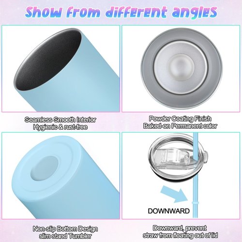 16 Packs Skinny Tumblers Bulk 20 oz Stainless Steel Double Wall Vacuum Insulated Tumbler Slim Water Cups with Lid and Straw for Travel DIY Hot Cold Drink, 16 Colors