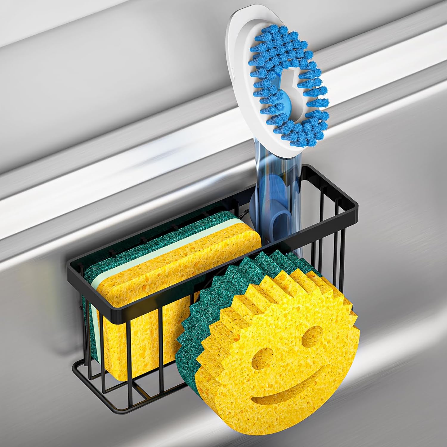 MURLONG Sponge Holder - Smiley Face Kitchen Organizer with Suction Cups & Adhesive Strips | Black