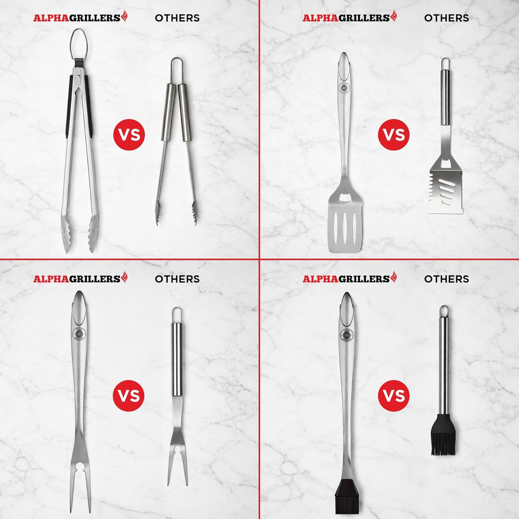 Alpha Grillers Grilling Accessories - Ultimate BBQ Tool Set with Spatula, Fork, Brush & Tongs - Perfect Gifts for Men