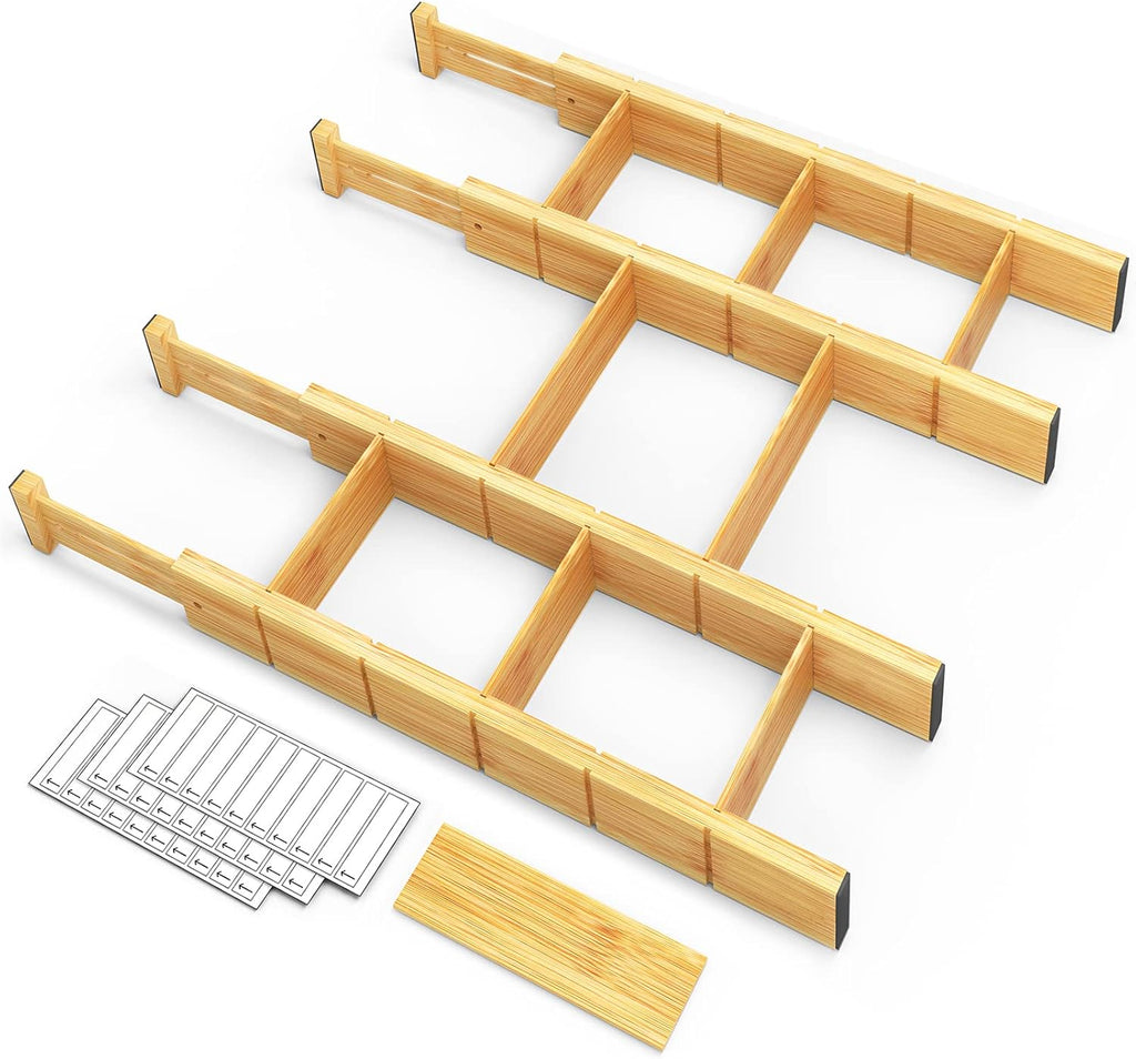 SpaceAid Bamboo Drawer Dividers - Adjustable Kitchen Organizers with Inserts & Labels | 4 Dividers (17"-22" Natural)