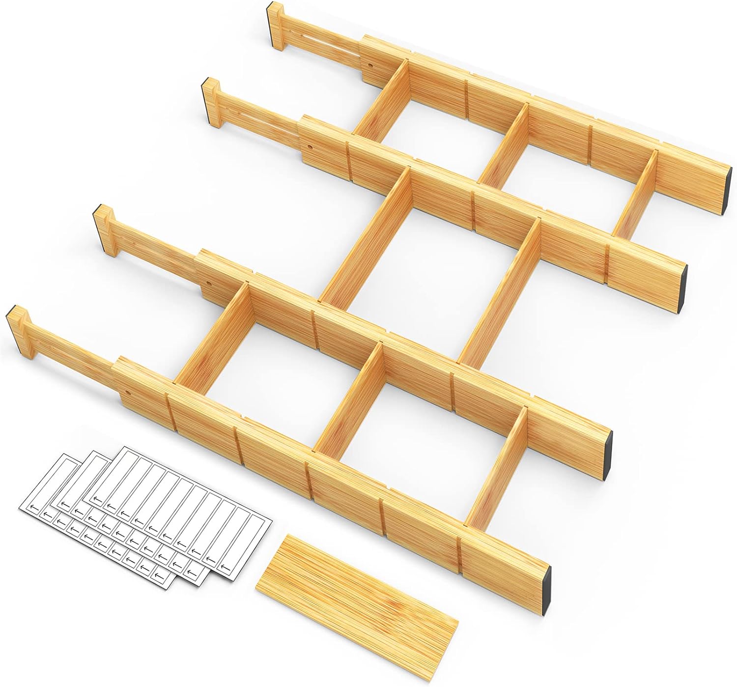 SpaceAid Bamboo Drawer Dividers - Adjustable Kitchen Organizers with Inserts & Labels | 4 Dividers (17"-22" Natural)