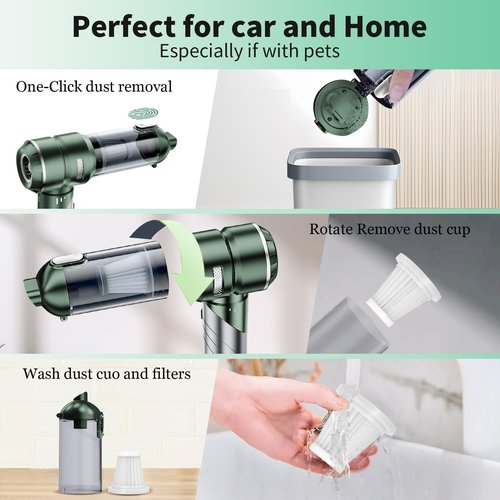 AQSFLA Car Vacuum Portable Cordless 22000PA High Power Handheld Mini Vacuum Cleaner Rechargeable Foldable with Brushless Motor Air Blower Duster Pump for Car Home Office Pet (Green)