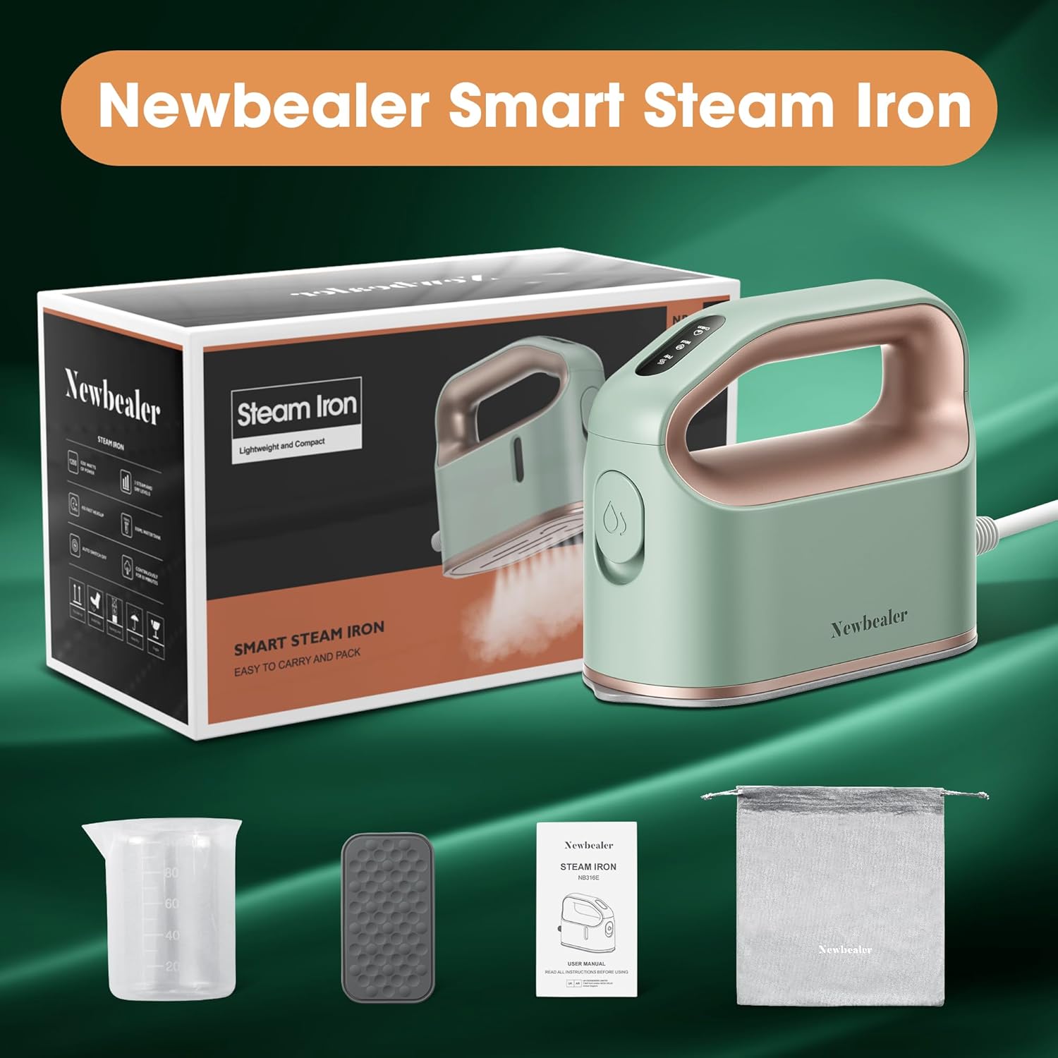 Newbealer Smart Steam Iron - Mini Heat Press with 1200W Turbocharged Power | 3 Steam Modes, Auto-Off, Nonstick Soleplate (Mint Green)