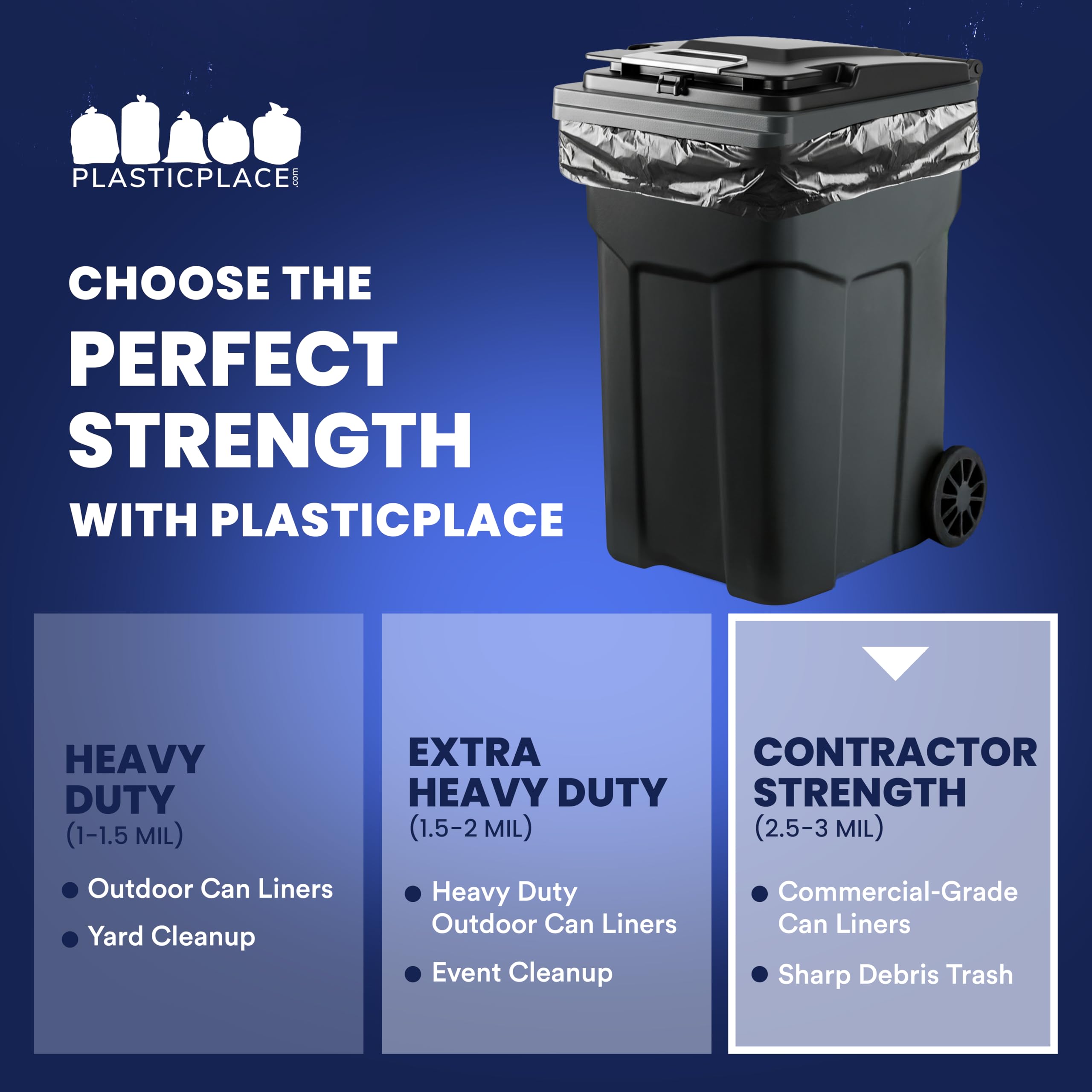 Plasticplace 65 Gallon Trash Bags │ 2.7 Mil │ Black Heavy Duty Garbage Can Liners │ 50” x 48” (25 Count) (W65LDB225A)