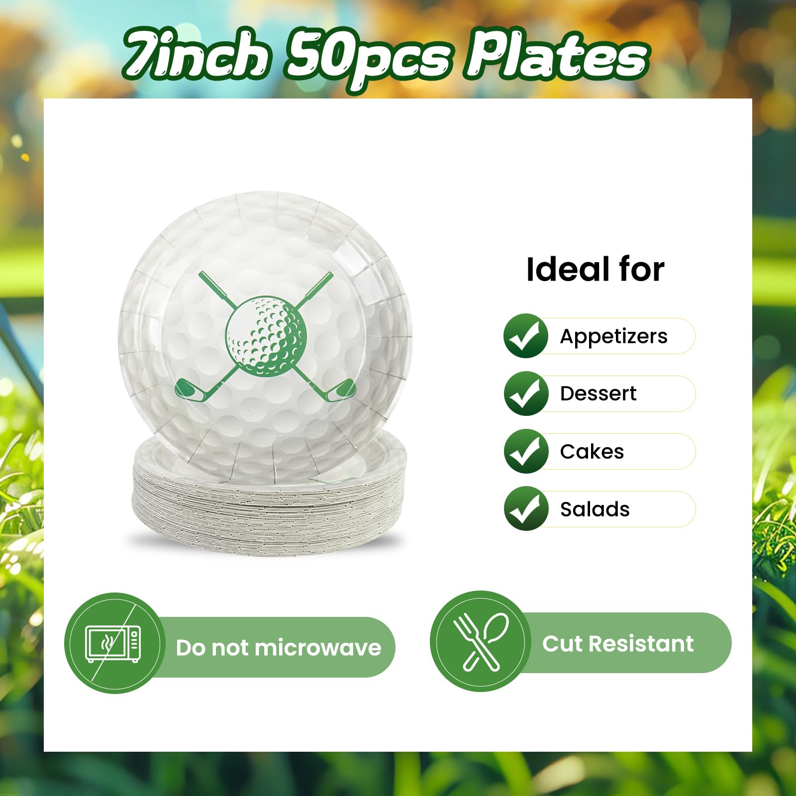 PUEVENYI 50PCS Golf Party Paper Plates - 7Inch Round Dessert Plates for Cake Fruit Salad Pizza Disposable Sport Themed Decoration Supplies for Golf Fan Sports Event, Birthday Party