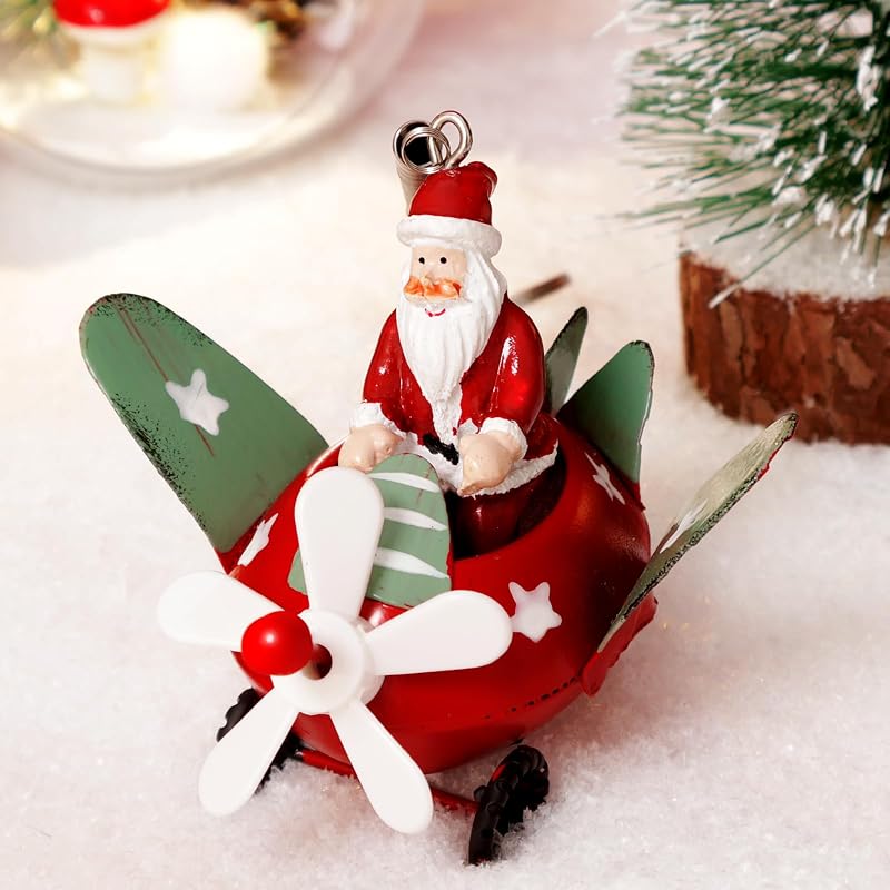 Santa in Airplane Christmas Ornament - Red Resin with Spring Hanger