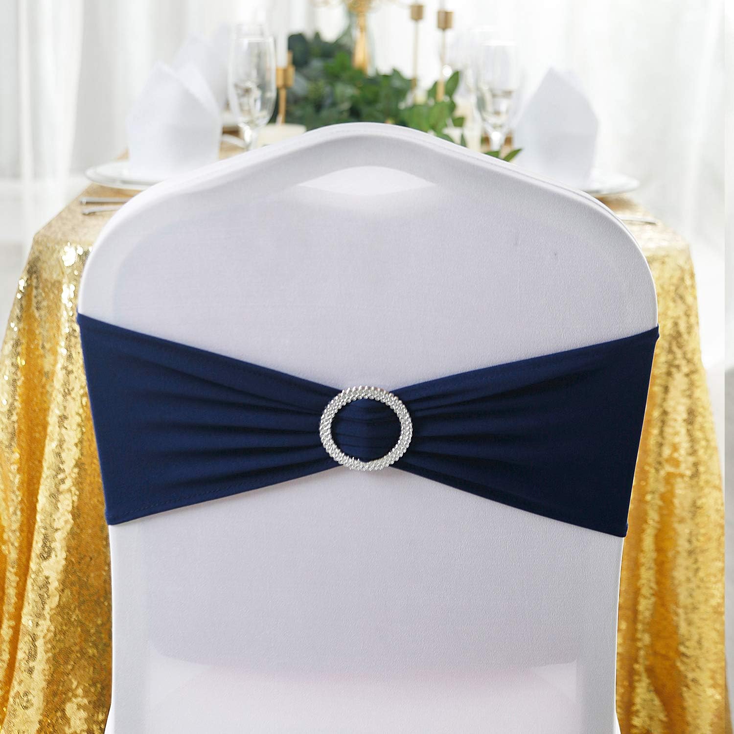 Peomeise Navy Spandex Chair Sashes - 25pcs with Buckle Slider for Elegant Wedding & Party Decor